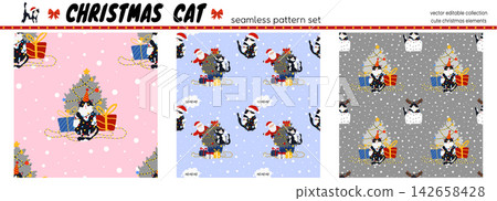 Vector pattern santa christmas dot cover cat seamless bg tree. Festive and playful design cute holiday illustration. Pink and blue color scheme combines nordic santa. Vector pattern santa christmas dot cover cat seamless bg tree. Festive and playful design cute holiday illustration. Pink and blue color scheme combines nordic santa. 142658428