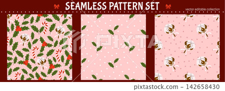 Holly seamless bg pattern with christmas vector cover and floral winter. Mistletoe for festive design paper ornate or simple xmas botanical. Berry flora in green wallpaper for versatile set. Holly seamless bg pattern with christmas vector cover and floral winter. Mistletoe for festive design paper ornate or simple xmas botanical. Berry flora in green wallpaper for versatile set. 142658430