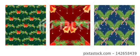 Christmas toy pine branch vector pattern with tree seamless christmas cover. Bg border for vintage bell background print holiday repeat xmas. Collection in green design set toy holly. 142658439