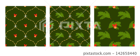 Branch seamless pine tree cover vector for christmas bg. Christmas toy pattern design with bell icy toy illustration. Line background ornament spruce print green collection drawing red. Branch seamless pine tree cover vector for christmas bg. Christmas toy pattern design with bell icy toy illustration. Line background ornament spruce print green collection drawing red. 142658440