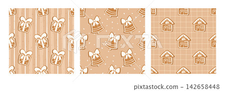 Texture gingham snowman pattern for festive new year. Christmas background snowflake details with hohoho lettering and checkered. Line vector design for seamless holiday look candy. 142658448