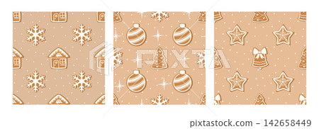 Pattern bg new year vector illustration with snowman and snowflake. Motifs for festive design christmas tree texture and cover details. Alongside tree print and cookie pattern for holiday. 142658449