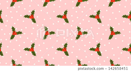 Holly pattern cover seamless bg with floral mistletoe and christmas. Winter vector for trendy design simple scandinavian paper. Repeat features bold leaf and geometric motif elements. Holly pattern cover seamless bg with floral mistletoe and christmas. Winter vector for trendy design simple scandinavian paper. Repeat features bold leaf and geometric motif elements. 142658451