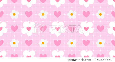 Flower background pattern for gingham girly heart and daisy seamless cute. Vector kawaii stripe for pink plaid tiny and texture easter fashion. Core repeat dot for wallpaper cottage fabric. 142658530