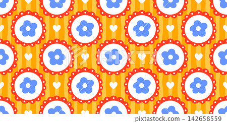 Gingham girly cute with seamless heart flower and kawaii vector pattern. Daisy girl fashion with romantic ditsy dot and floral vintage chamomile. Pretty cover stripe with valentine checkered pink. 142658559