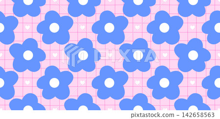 Gingham pattern flower and daisy girly seamless with heart kawaii vector. Cute pastel romantic and valentine fashion dot with vintage valentines print. Kids love cover and pretty spring cottage. 142658563