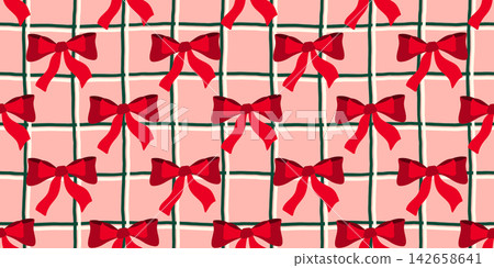 Background gingham christmas for ribbon preppy bow and merry seamless pattern. Stripe valentine gift for wrapping texture bg and whimsical diamond present. Bowknot print xmas for vector. 142658641