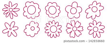 Coloring book pink summer and flower plant spring with cute floral icon. Set simple notebook and modern pastel card with fun line element. Doodle isolated garden and colorful bouquet petal. Coloring book pink summer and flower plant spring with cute floral icon. Set simple notebook and modern pastel card with fun line element. Doodle isolated garden and colorful bouquet petal. 142658660