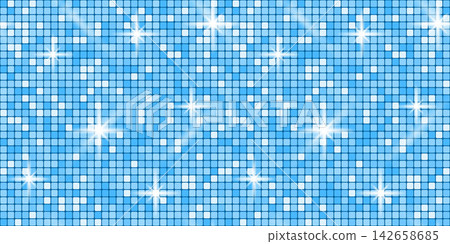 Disco sequin tile mirror seamless pattern with disco ball blue sparkling dance texture for a glamorous glitter pool hologram sparkle star turquoise nightclub mosaic floor. This vector club. Disco sequin tile mirror seamless pattern with disco ball blue sparkling dance texture for a glamorous glitter pool hologram sparkle star turquoise nightclub mosaic floor. This vector club. 142658685