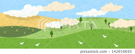Nature sky green for illustration watercolour field and summer background watercolor. Grass view bird for card cloud floral and texture layout scene. Blue print japanese for poster outdoor hill. 142658693
