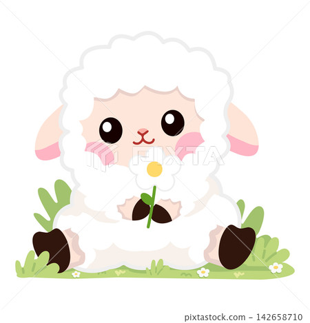 Cute Sheep Holding White Flower on Green Meadow Grass 142658710