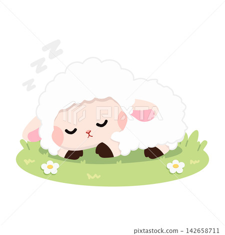 Sleeping sheep cute lamb resting on green grass meadow for nursery decor Sleeping sheep cute lamb resting on green grass meadow for nursery decor 142658711