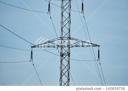 Electrical Transmission Pylon with Insulators and Cables Electrical Transmission Pylon with Insulators and Cables 142658726