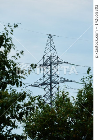 Vertical shot of a tall high voltage metal pylon surrounded by lush green tree branches under a bright daytime sky 142658802