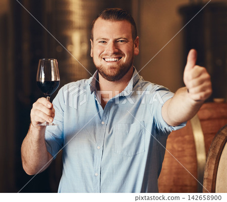 Portrait, man and wine in cellar with thumbs up, great and yes with smile in distillery. Business owner, happy and excited with hand gesture, beverage and satisfaction after tasting or drink Portrait, man and wine in cellar with thumbs up, great and yes with smile in distillery. Business owner, happy and excited with hand gesture, beverage and satisfaction after tasting or drink 142658900