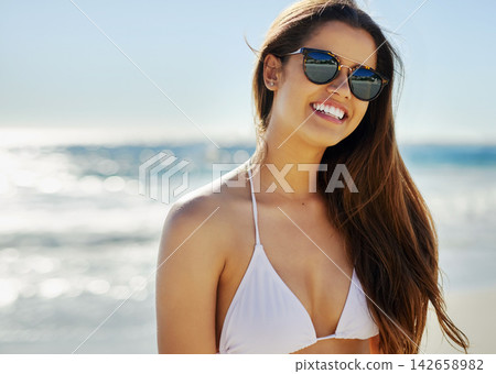 Portrait, beach and woman with sunglasses, holiday and smile with happiness, sunshine and weekend break. Face, person and girl with eyewear, seaside and vacation with getaway trip, Bali and adventure Portrait, beach and woman with sunglasses, holiday and smile with happiness, sunshine and weekend break. Face, person and girl with eyewear, seaside and vacation with getaway trip, Bali and adventure 142658982