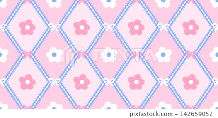 Pattern daisy girly with vector heart seamless and cute gingham flower. Rhombus cover design with tiny texture romantic and spring stripe blossom. Background vintage plaid with coquette. 142659052