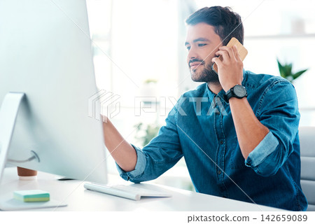 Businessman, computer and phone call with result for communication, teamwork and progress update. Male person, smiling and confident talking on mobile technology for good news and conversation Businessman, computer and phone call with result for communication, teamwork and progress update. Male person, smiling and confident talking on mobile technology for good news and conversation 142659089