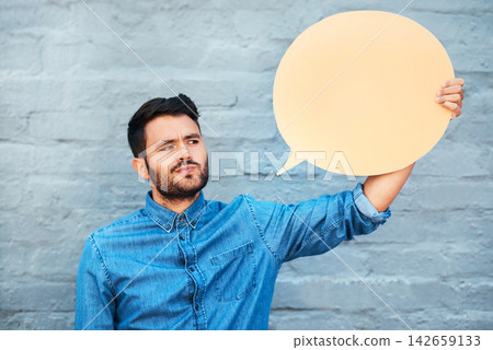 Thinking, speech bubble and man by wall with space for opinion, voting decision and social media communication icon. Outdoor, male person and mockup sign with ideas for election vote and announcement Thinking, speech bubble and man by wall with space for opinion, voting decision and social media communication icon. Outdoor, male person and mockup sign with ideas for election vote and announcement 142659133
