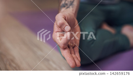 Hands, yoga or person in home for meditation, wellness or spiritual care in lotus pose or zen routine. Relax, soul or closeup of yogi on mat for mindfulness, calm peace or balance in pilates session 142659176