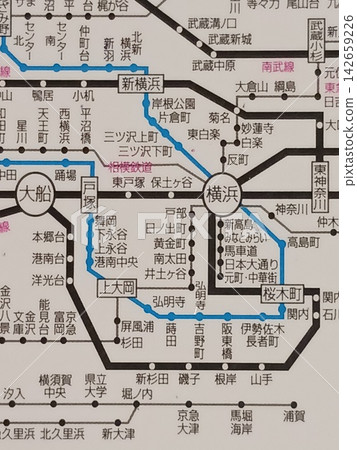 Railway map of the Yokohama, Shin-Yokohama, Ofuna, and Totsuka areas: A transportation map showing station names and the railway network. 142659226
