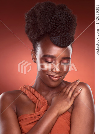 Makeup, skincare and beauty of black woman in studio for wellness or aesthetic isolated on a red background. Eyes closed, fashion and cosmetics of African model for shine, glow or healthy dermatology Makeup, skincare and beauty of black woman in studio for wellness or aesthetic isolated on a red background. Eyes closed, fashion and cosmetics of African model for shine, glow or healthy dermatology 142659392