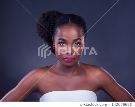Black woman, makeup or portrait for beauty, skincare, natural makeup and healthy shine isolated in studio. Face, girl and confident African model with glow, lipstick or results on dark background Black woman, makeup or portrait for beauty, skincare, natural makeup and healthy shine isolated in studio. Face, girl and confident African model with glow, lipstick or results on dark background 142659698