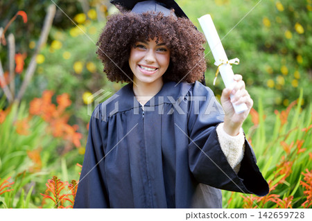 University, graduation and portrait of happy woman with diploma for education, achievement or success ceremony on campus. Student, bokeh and person with certificate for satisfaction, smile or event University, graduation and portrait of happy woman with diploma for education, achievement or success ceremony on campus. Student, bokeh and person with certificate for satisfaction, smile or event 142659728