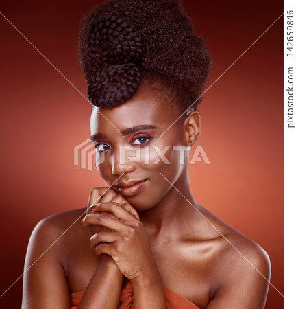 Makeup, skincare and beauty portrait of black woman in studio for wellness or aesthetic isolated on a red background. Face, cosmetics and young African model for shine, glow or healthy dermatology Makeup, skincare and beauty portrait of black woman in studio for wellness or aesthetic isolated on a red background. Face, cosmetics and young African model for shine, glow or healthy dermatology 142659846