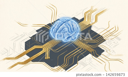 Human brain connected to electronic circuits on a textured background Human brain connected to electronic circuits on a textured background 142659873