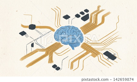 Human brain connected to electronic circuits on a textured background Human brain connected to electronic circuits on a textured background 142659874