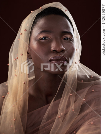 African, portrait or girl with makeup, scarf or confidence glow in studio on black background. Woman, face or proud model with beauty, eyeshadow cosmetics or traditional fashion in Ghana for culture African, portrait or girl with makeup, scarf or confidence glow in studio on black background. Woman, face or proud model with beauty, eyeshadow cosmetics or traditional fashion in Ghana for culture 142659877