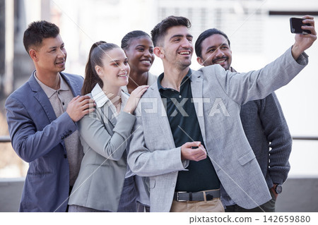 Business people, happy and selfie with smile in city for team building, pride and company media post. Employees, diversity and collaboration with photography for partnership, support or online update Business people, happy and selfie with smile in city for team building, pride and company media post. Employees, diversity and collaboration with photography for partnership, support or online update 142659880