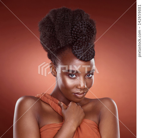 Natural, haircare and portrait of African woman, confidence and mockup for braids, creative and culture. Background, elegant and texture of hair, salon and treatment for shine, health and studio Natural, haircare and portrait of African woman, confidence and mockup for braids, creative and culture. Background, elegant and texture of hair, salon and treatment for shine, health and studio 142659881