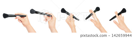 Set of hands holding cosmetic brush isolated on transparent background. Beauty collage for makeup, personal care, and creative projects Set of hands holding cosmetic brush isolated on transparent background. Beauty collage for makeup, personal care, and creative projects 142659944