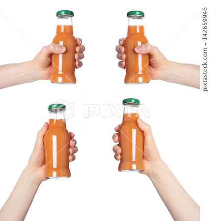 Set of Hands holding a glass bottle filled with orange juice, isolated on transparent background. Suitable for food, drink, freshness, citrus, and healthy lifestyle projects Set of Hands holding a glass bottle filled with orange juice, isolated on transparent background. Suitable for food, drink, freshness, citrus, and healthy lifestyle projects 142659946