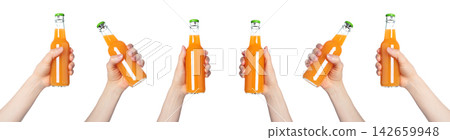 Set of Hands holding a glass bottle filled with orange juice, isolated on transparent background. Suitable for food, drink, freshness, citrus, and healthy lifestyle projects Set of Hands holding a glass bottle filled with orange juice, isolated on transparent background. Suitable for food, drink, freshness, citrus, and healthy lifestyle projects 142659948