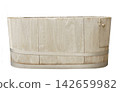 Antique oval wooden bathtub isolated. Rustic handcrafted oak tub with metal bands and small side door. Vintage laundry wash basin or spa soaking tub for bathroom interior decor. 142659982