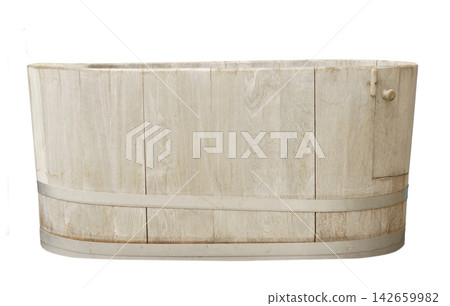 Antique oval wooden bathtub isolated. Rustic handcrafted oak tub with metal bands and small side door. Vintage laundry wash basin or spa soaking tub for bathroom interior decor. 142659982
