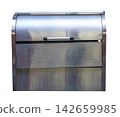 Stainless steel waste container or storage bin with curved lid, handle and padlock. Industrial metal box with ventilation holes isolated for public utility or urban use. 142659985