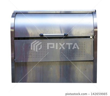 Stainless steel waste container or storage bin with curved lid, handle and padlock. Industrial metal box with ventilation holes isolated for public utility or urban use. 142659985