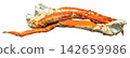Fresh cooked king crab legs isolated. Premium seafood delicacy with bright orange shell and succulent white meat. Ideal for restaurant menus, food packaging or culinary designs. 142659986