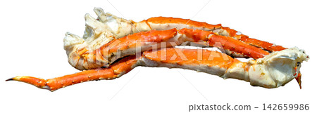 Fresh cooked king crab legs isolated. Premium seafood delicacy with bright orange shell and succulent white meat. Ideal for restaurant menus, food packaging or culinary designs. Fresh cooked king crab legs isolated. Premium seafood delicacy with bright orange shell and succulent white meat. Ideal for restaurant menus, food packaging or culinary designs. 142659986
