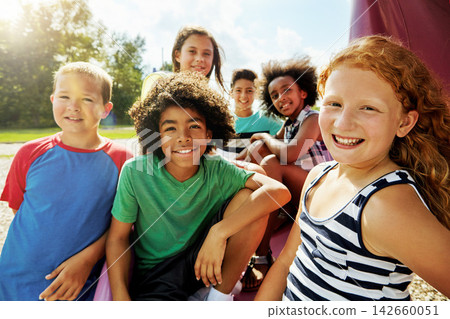Children, park and portrait of group in summer to relax with friends on playground on vacation. Happy, holiday and kids together for party, games or smile outdoor at middle school on break at recess Children, park and portrait of group in summer to relax with friends on playground on vacation. Happy, holiday and kids together for party, games or smile outdoor at middle school on break at recess 142660051