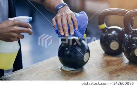 People, cleaning and gym or kettlebell with detergent for hygiene, health and wellness from bacteria. Cleaner, man and hand to disinfect or sanitise with product for protection or safety from virus People, cleaning and gym or kettlebell with detergent for hygiene, health and wellness from bacteria. Cleaner, man and hand to disinfect or sanitise with product for protection or safety from virus 142660056