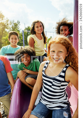 Kids, park and portrait of group in playground to relax with friends in summer on vacation. Happy, holiday and children together for party, games or smile outdoor at middle school recess or break Kids, park and portrait of group in playground to relax with friends in summer on vacation. Happy, holiday and children together for party, games or smile outdoor at middle school recess or break 142660059