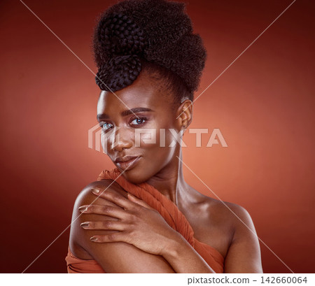 Black woman, portrait and makeup with confident in studio for beauty or glamour by red background. Pride, African and female person and cosmetic with foundation for glow or shine as model in Nigeria Black woman, portrait and makeup with confident in studio for beauty or glamour by red background. Pride, African and female person and cosmetic with foundation for glow or shine as model in Nigeria 142660064
