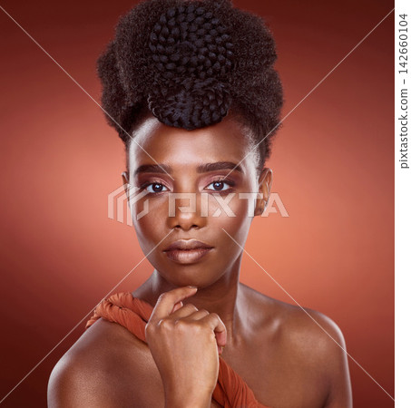 Thinking, black woman and makeup in portrait or studio for beauty or glamour by red background. Pride, African and female person and cosmetic with foundation for glow or shine as model in Kenya Thinking, black woman and makeup in portrait or studio for beauty or glamour by red background. Pride, African and female person and cosmetic with foundation for glow or shine as model in Kenya 142660104