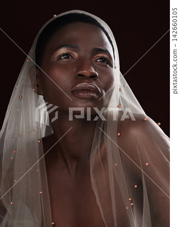 African, glow or woman thinking of makeup, scarf or confidence in studio on black background. Beauty, face or proud girl model with traditional cloth, eyeshadow cosmetics or creative design in Ghana African, glow or woman thinking of makeup, scarf or confidence in studio on black background. Beauty, face or proud girl model with traditional cloth, eyeshadow cosmetics or creative design in Ghana 142660105