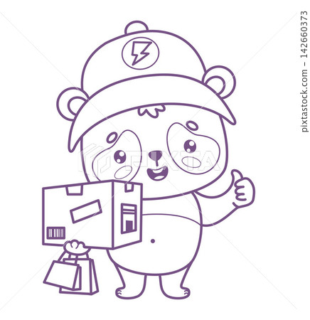 Outline Courier Panda Character Kawaii Holding Parcel Box and Shopping Bags with Thumbs Up. Cute Delivery Cartoon Mascot. Line drawing, coloring page Vector Illustration for Ecommerce Express Shipping Outline Courier Panda Character Kawaii Holding Parcel Box and Shopping Bags with Thumbs Up. Cute Delivery Cartoon Mascot. Line drawing, coloring page Vector Illustration for Ecommerce Express Shipping 142660373